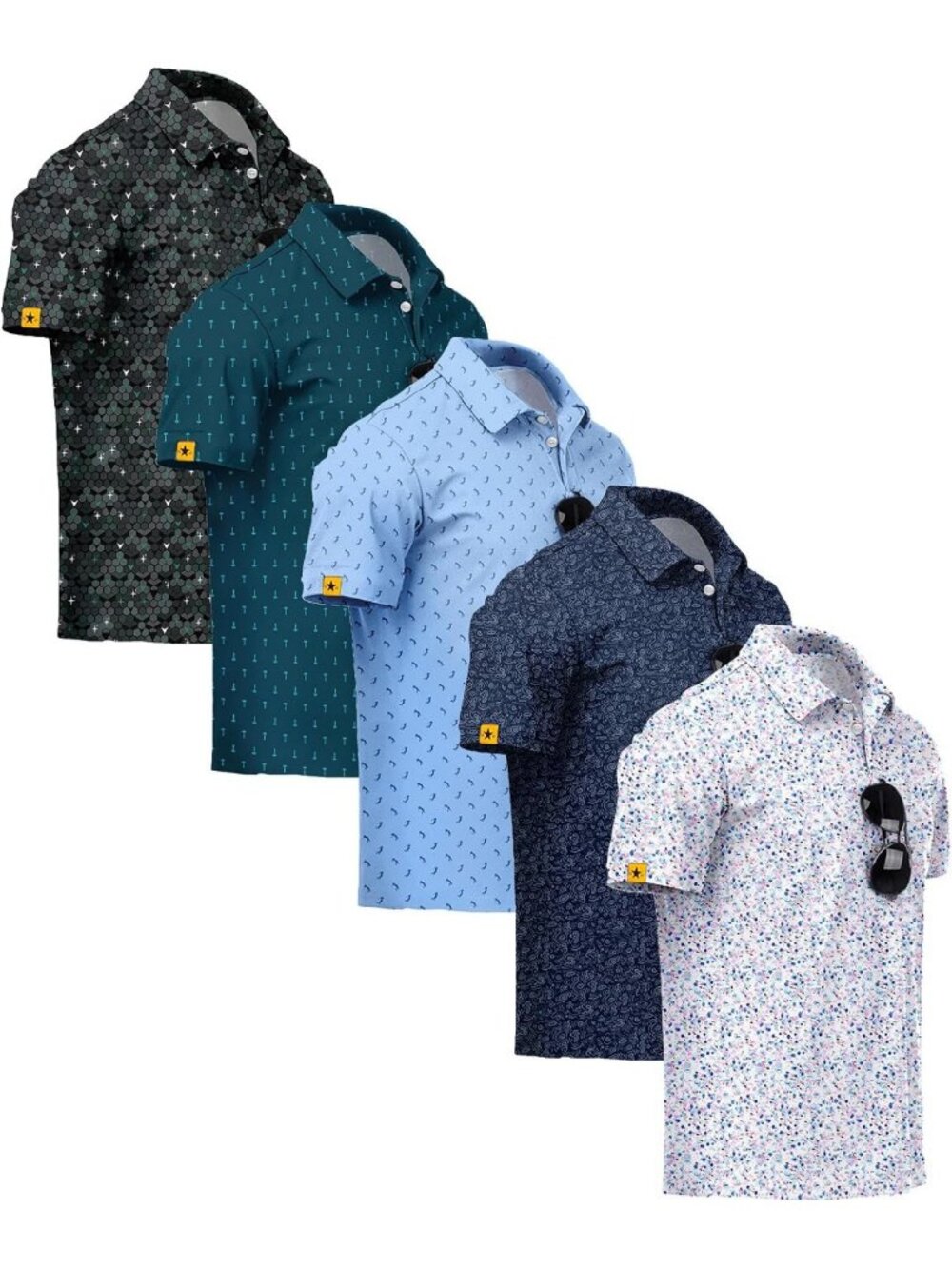 5 Pack Men's Short Sleeve Golf Polo Shirts, UPF 50+, Casual Print Patterns